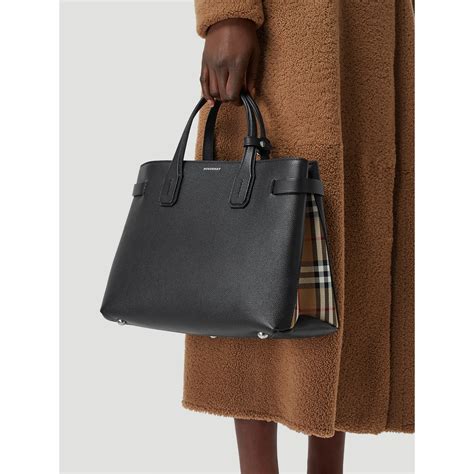 the medium banner in leather and vintage check burberry|burberry leather check tote.